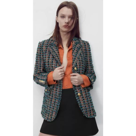 ZARA Tweed Textured Fitted Blazer Multicolor Frayed Trim Gold Button Women's XS - Picture 4 of 14